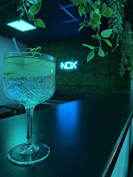 Cocktailglas an beleuchteter Bar mit Pflanzen und NOX-Schild.